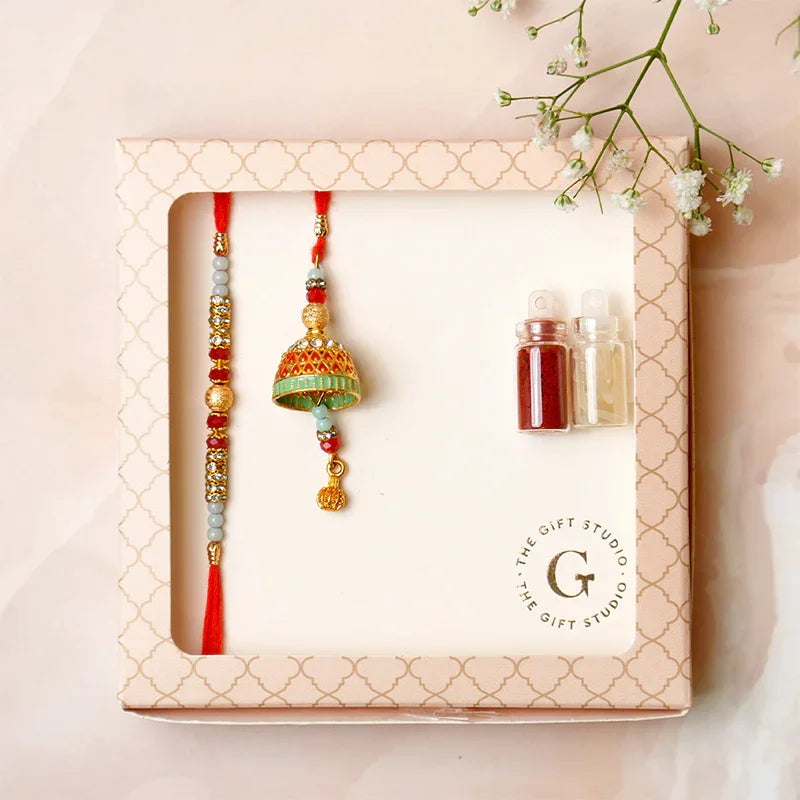 Bhaiya Bhabhi Temple Rakhi with Beads - The Gift Studio