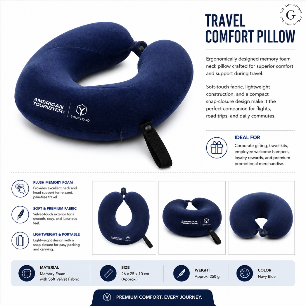 Blue travel neck pillow with American Tourister logo and TGS branding