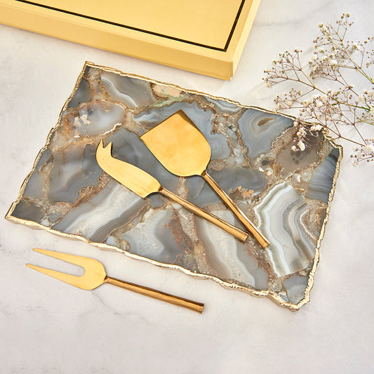 Grey Agate Cheeseboard & Set of 3 Cheese Knives - The Gift Studio