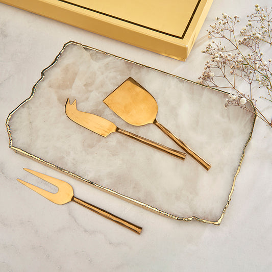 Rose Quartz Cheeseboard & Set of 3 Cheese Knives - The Gift Studio