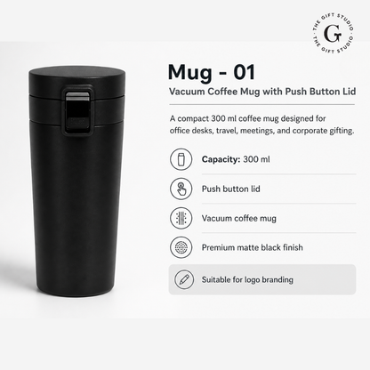 Black travel mug with TGS Branding.