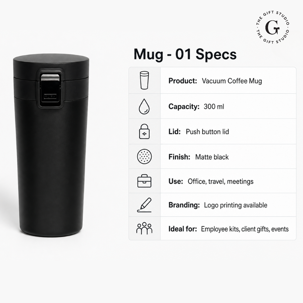 Black travel mug with TGS Branding.