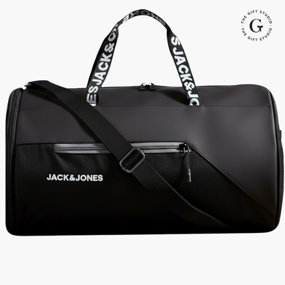 TGS Black duffel bag with 'Jack & Jones' branding 