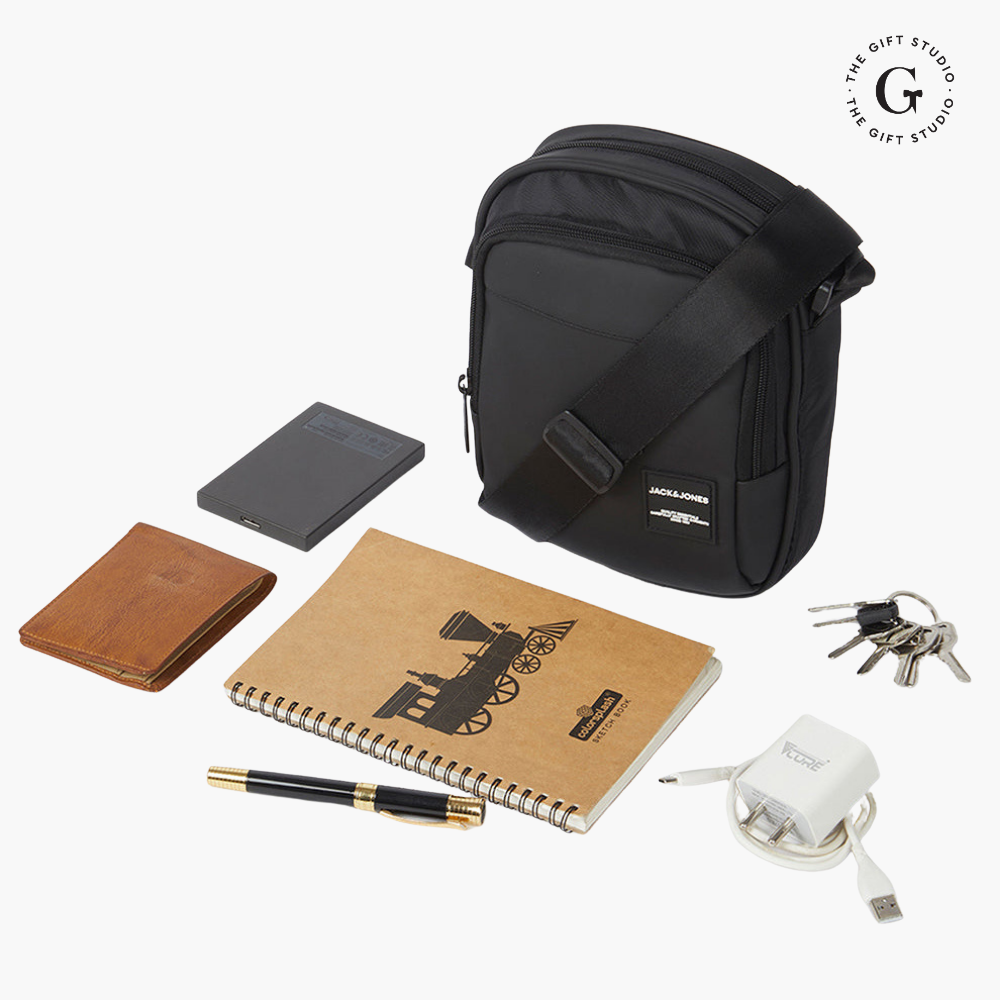Black Sling backpack with TGS logo and Jack & Jones branding.