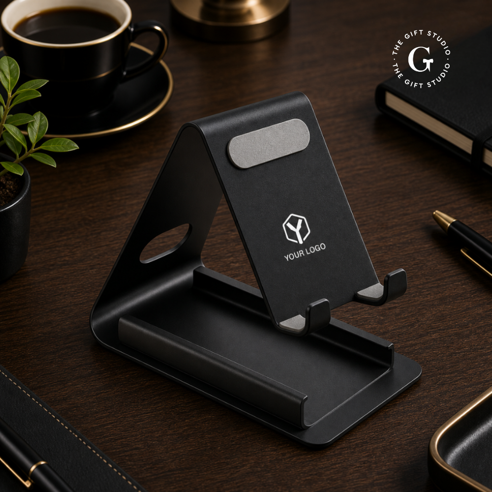 TGS Black phone stand with card holder on a desk