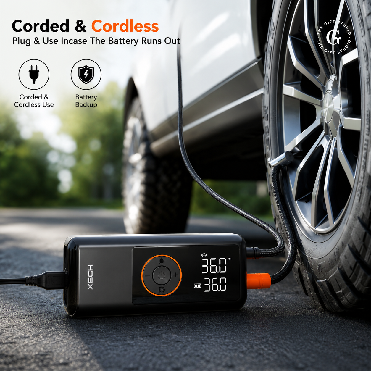XECH Rechargeable Tyre Inflator corded and cordless plug battery with TGS branding logo.