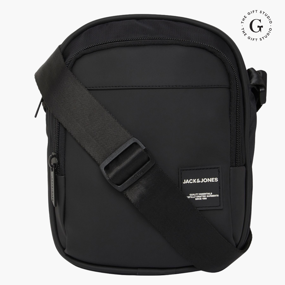 Black Sling backpack with TGS logo and Jack & Jones branding.
