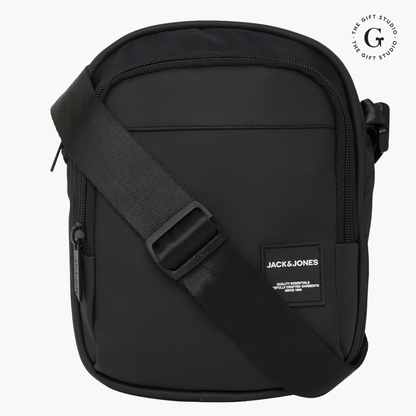 Black Sling backpack with TGS logo and Jack & Jones branding.