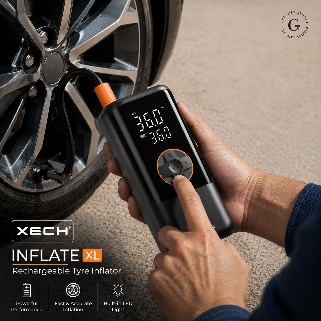 XECH Rechargeable Tyre Inflator corded and cordless plug battery with TGS branding logo.