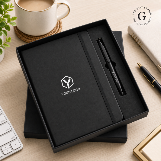 TGS Black notebook with pen and logo in a box on a desk 
