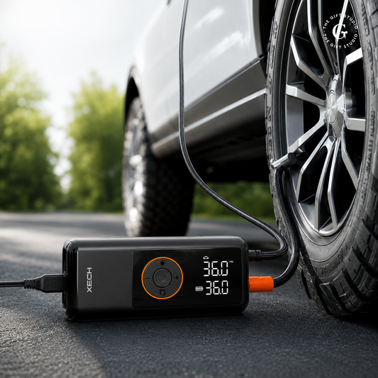 XECH Rechargeable Tyre Inflator corded and cordless plug battery with TGS branding logo.