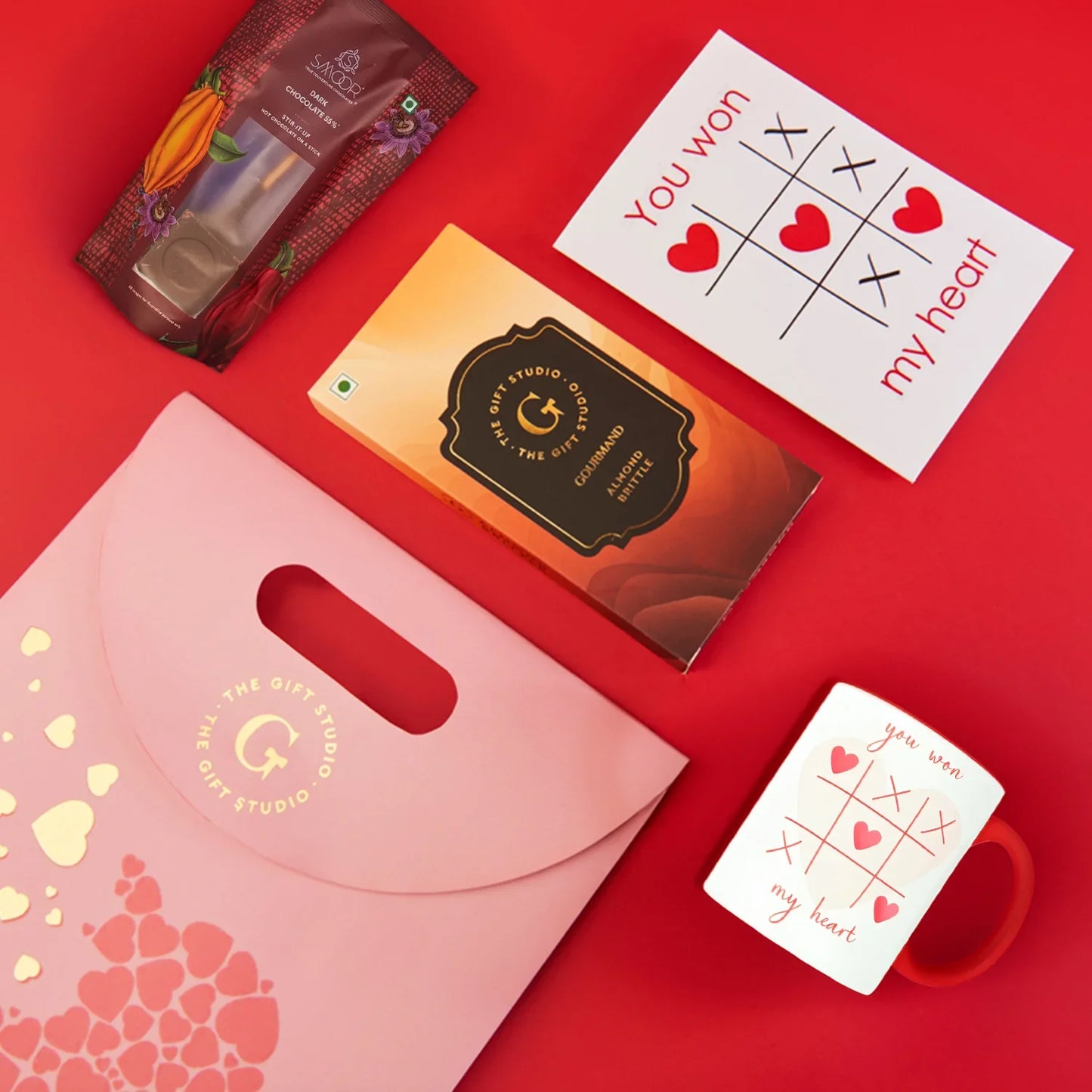 A top-down flat lay showing the full Chocolove hamper assortment.