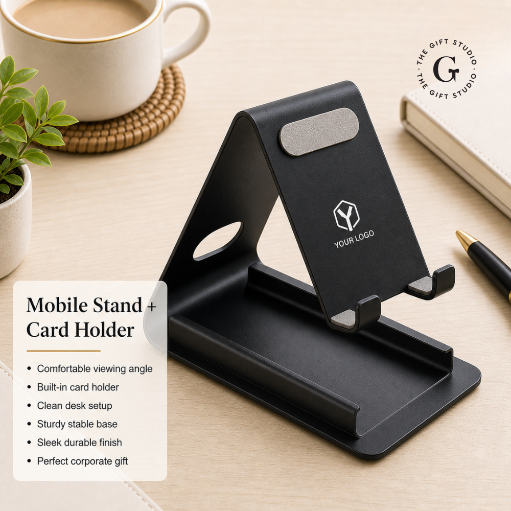 TGS Black mobile stand and card holder on a desk 