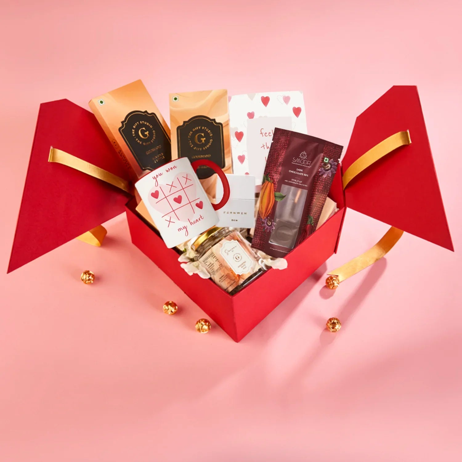 All Be Mine Hamper items neatly organized inside the open gift box