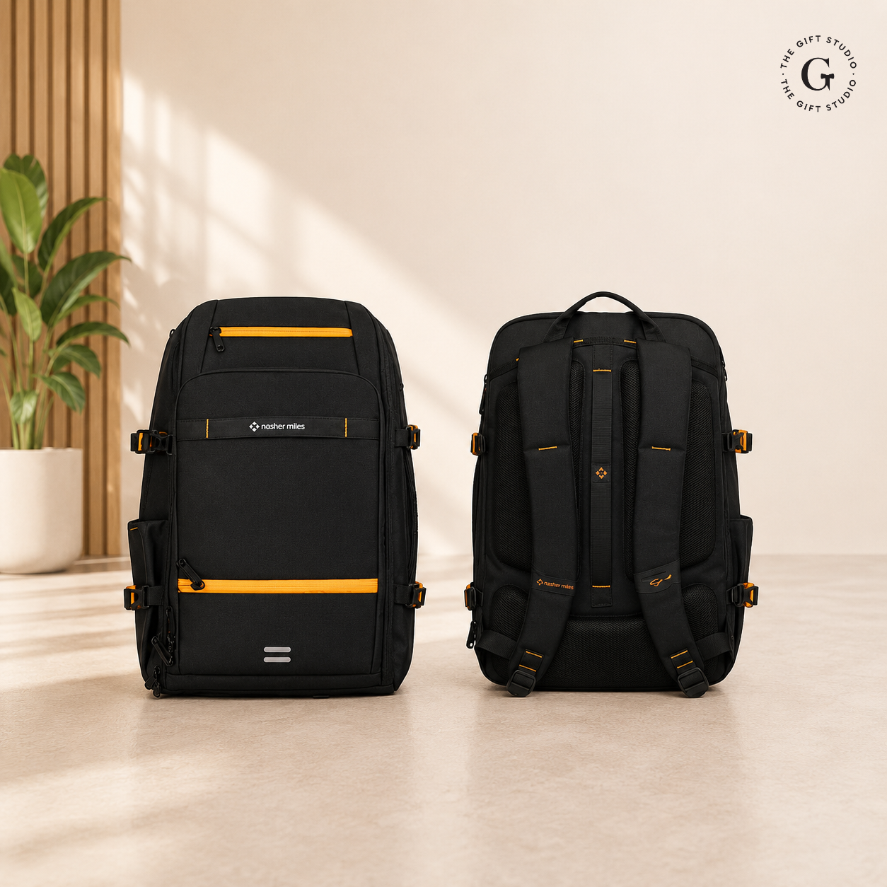Nasher Miles branding travel backpack with multiple compartments with TGS logo 