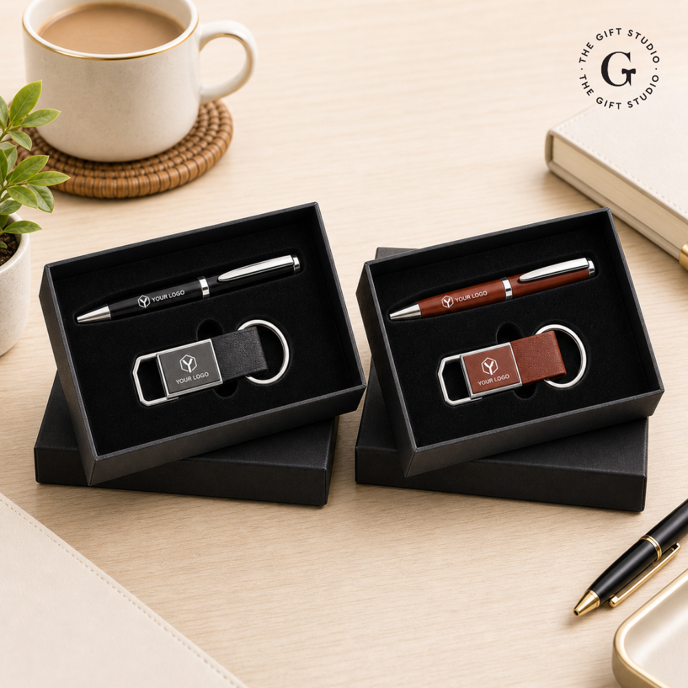 TGS Two sets of branded pens and keychains in black boxes on a desk 