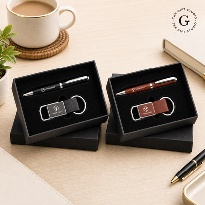 TGS Two sets of branded pens and keychains in black boxes on a desk 