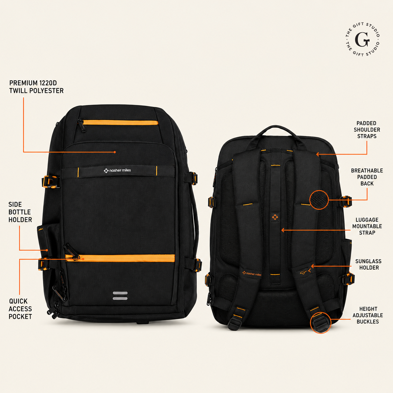 Nasher Miles branding travel backpack with multiple compartments with TGS logo 