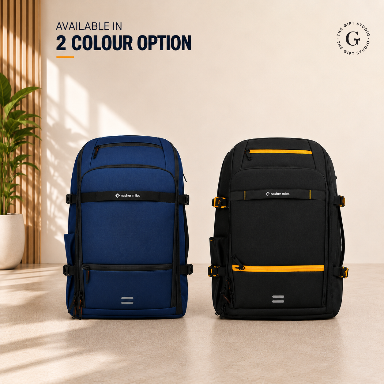 Nasher Miles branding travel backpack with multiple compartments with TGS logo 