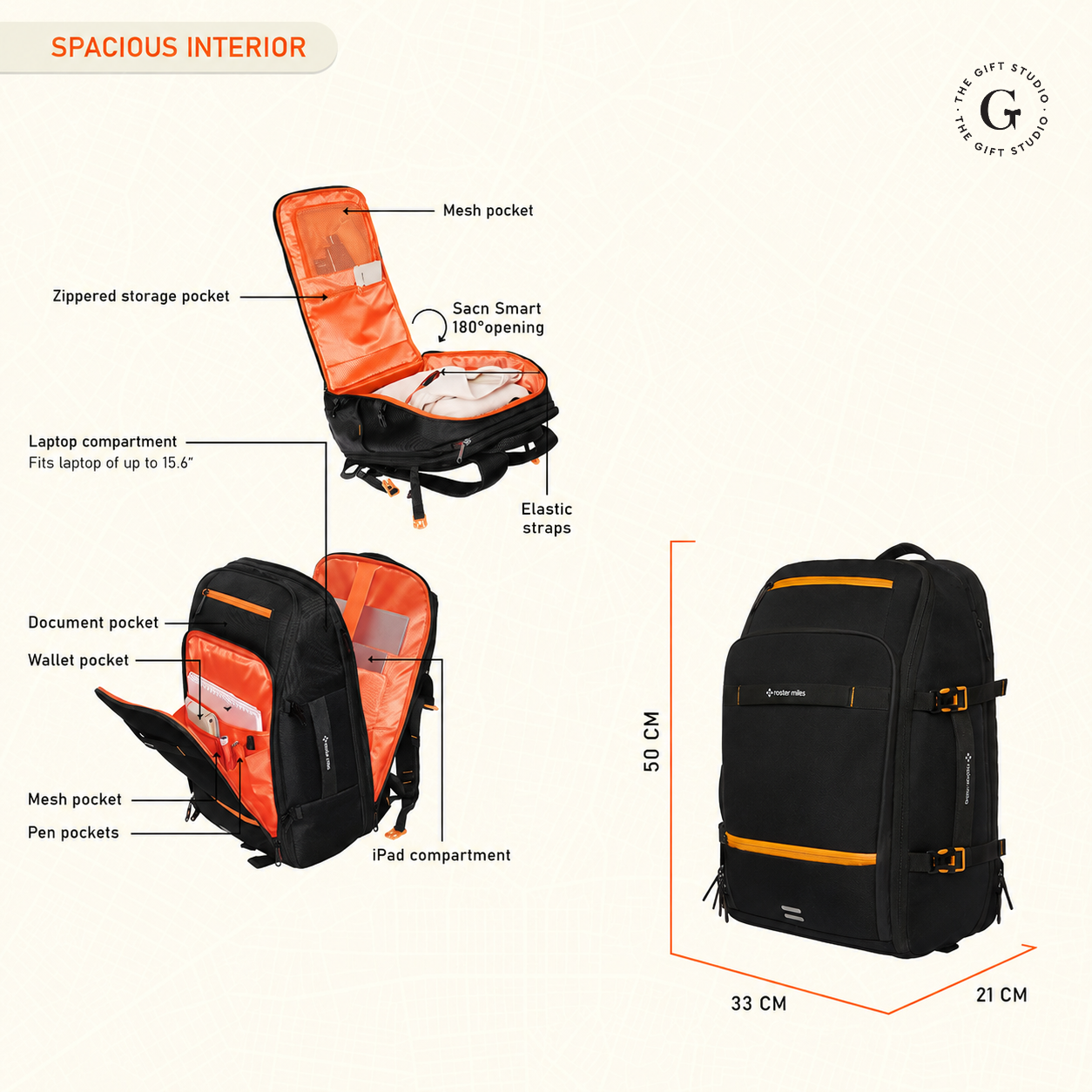 Nasher Miles branding travel backpack with multiple compartments with TGS logo 