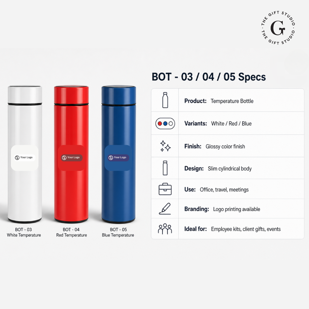 Three thermos bottles in white, red, and blue with TGS branding.