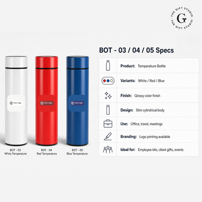 Three thermos bottles in white, red, and blue with TGS branding.