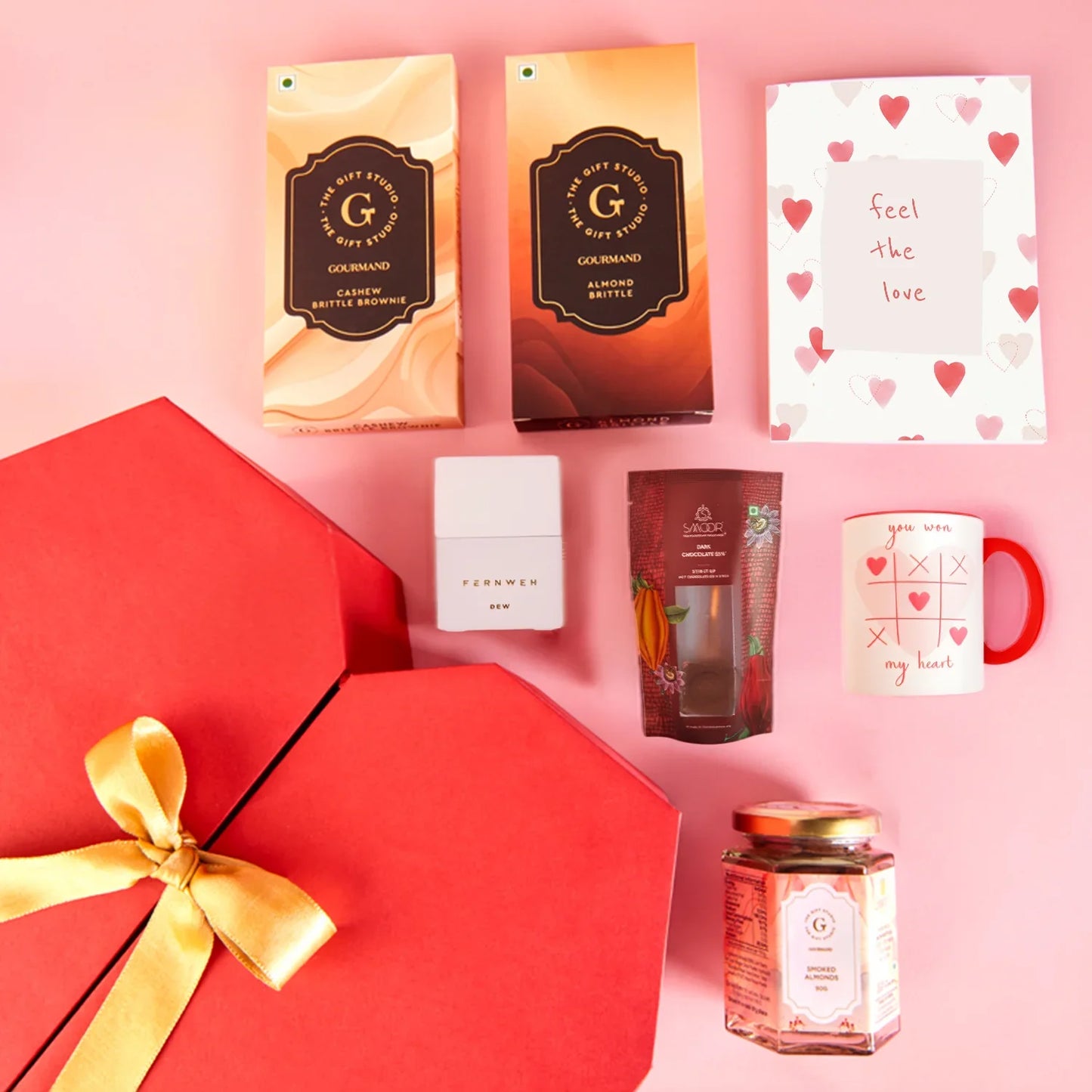 A top-down flat lay showing the full Be Mine Hamper assortment.