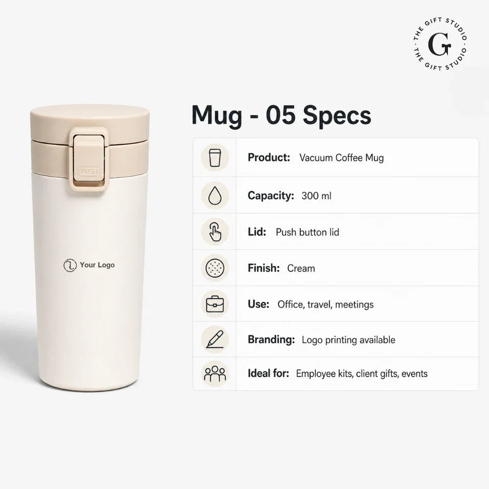 White coffee tumbler with push-button lid with TGS branding.