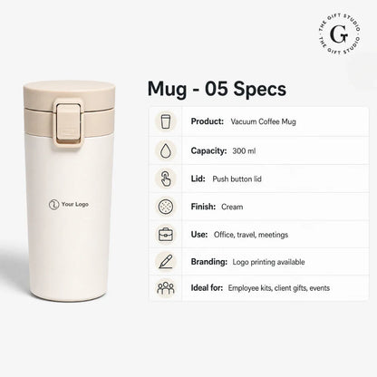 White coffee tumbler with push-button lid with TGS branding.