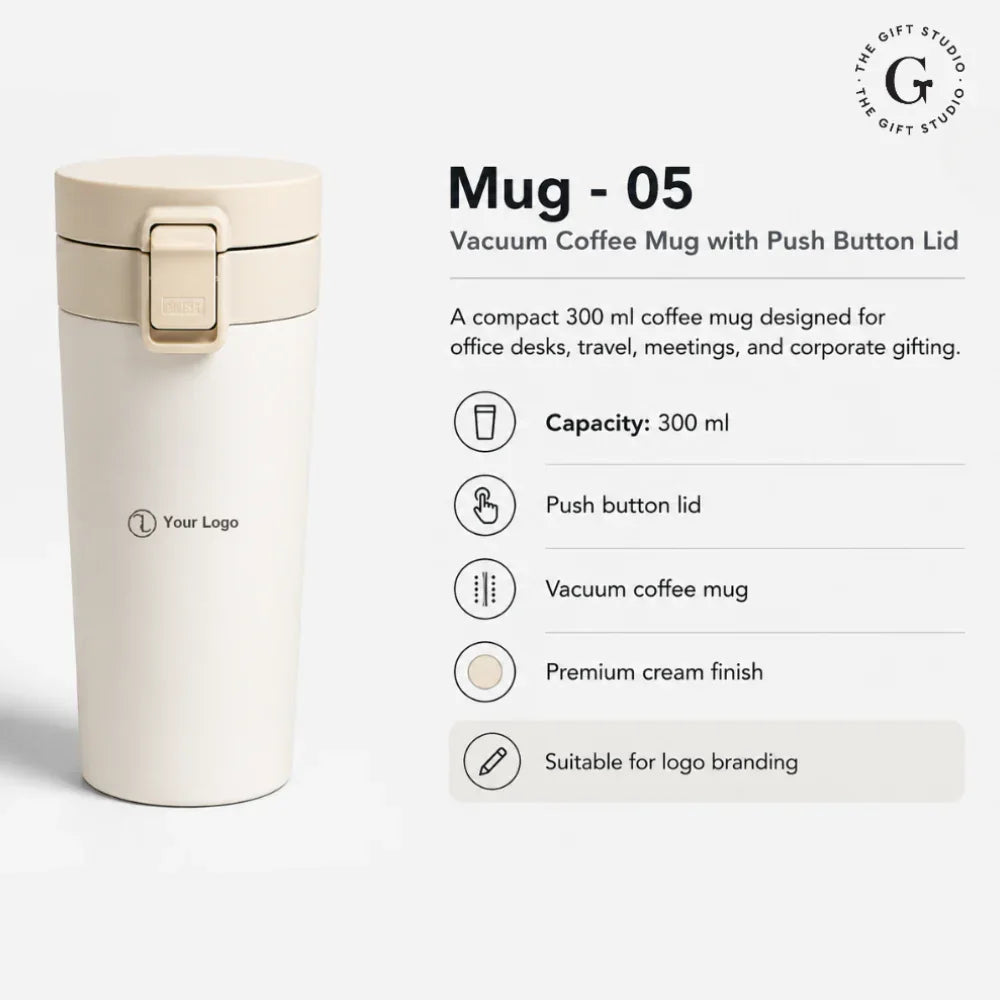 White coffee tumbler with push-button lid with TGS branding.