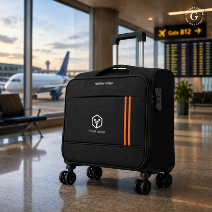 Nasher Miles branding Black suitcase with orange stripes and with TGS logo.
