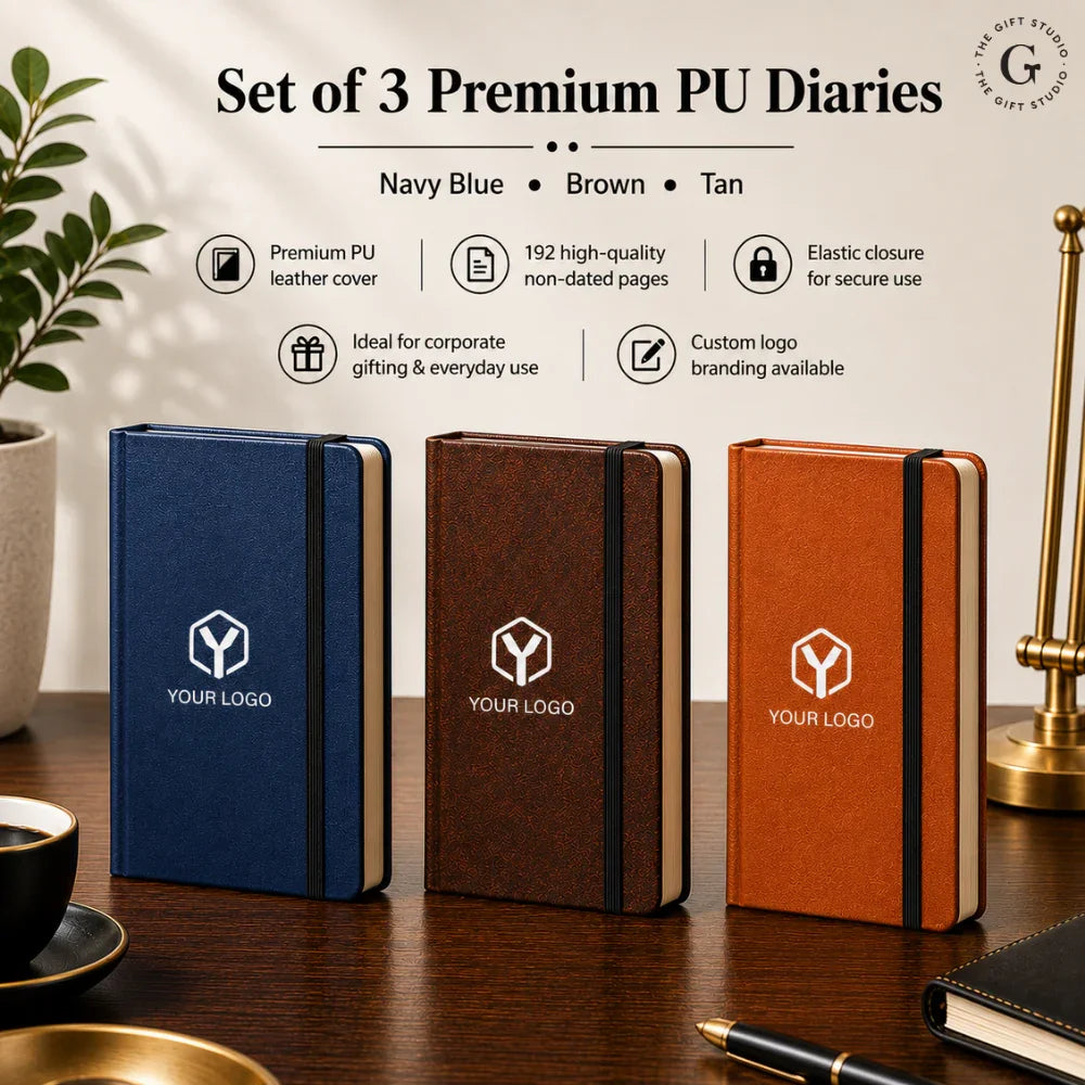 A3 Size PU Elastic Navy Blue, Brown Elaatic Tan Diary Combo Set with TGS Branding.