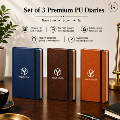 A3 Size PU Elastic Navy Blue, Brown Elaatic Tan Diary Combo Set with TGS Branding.