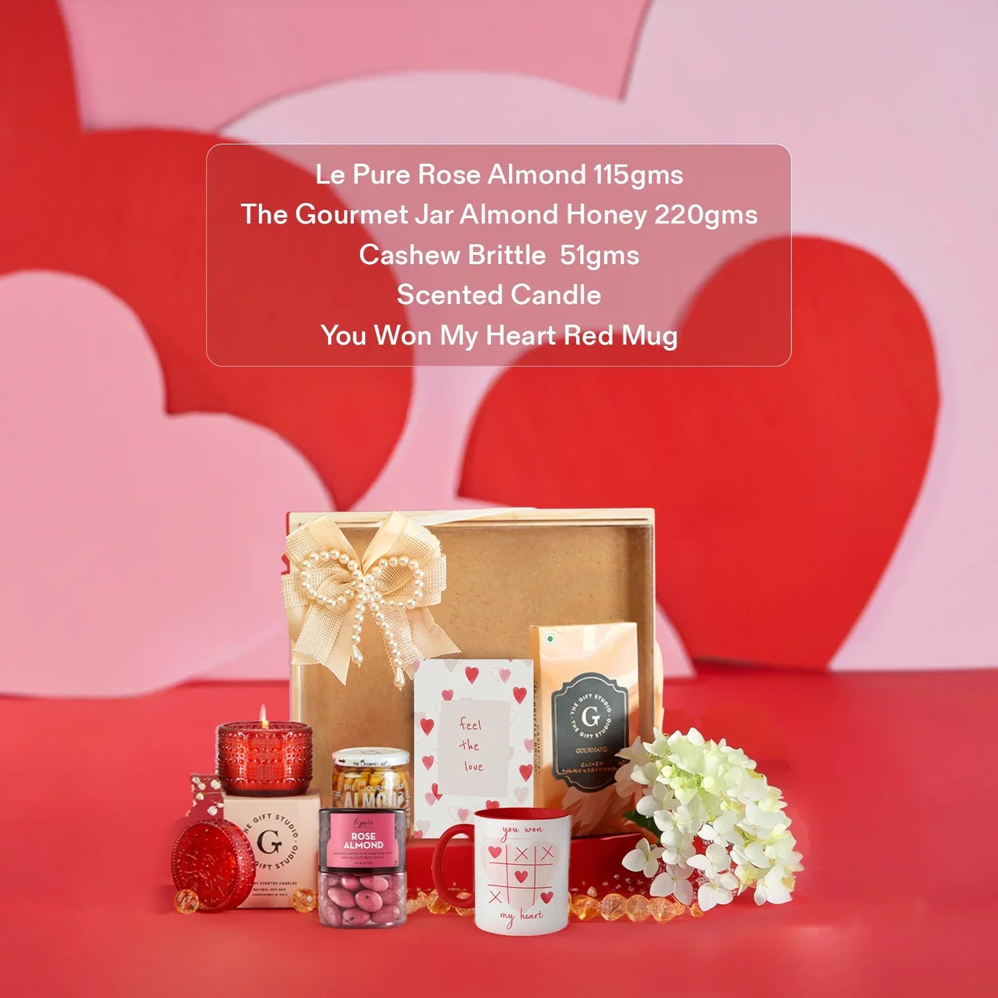 XOXO Treats Hamper shown with clear list of all items 