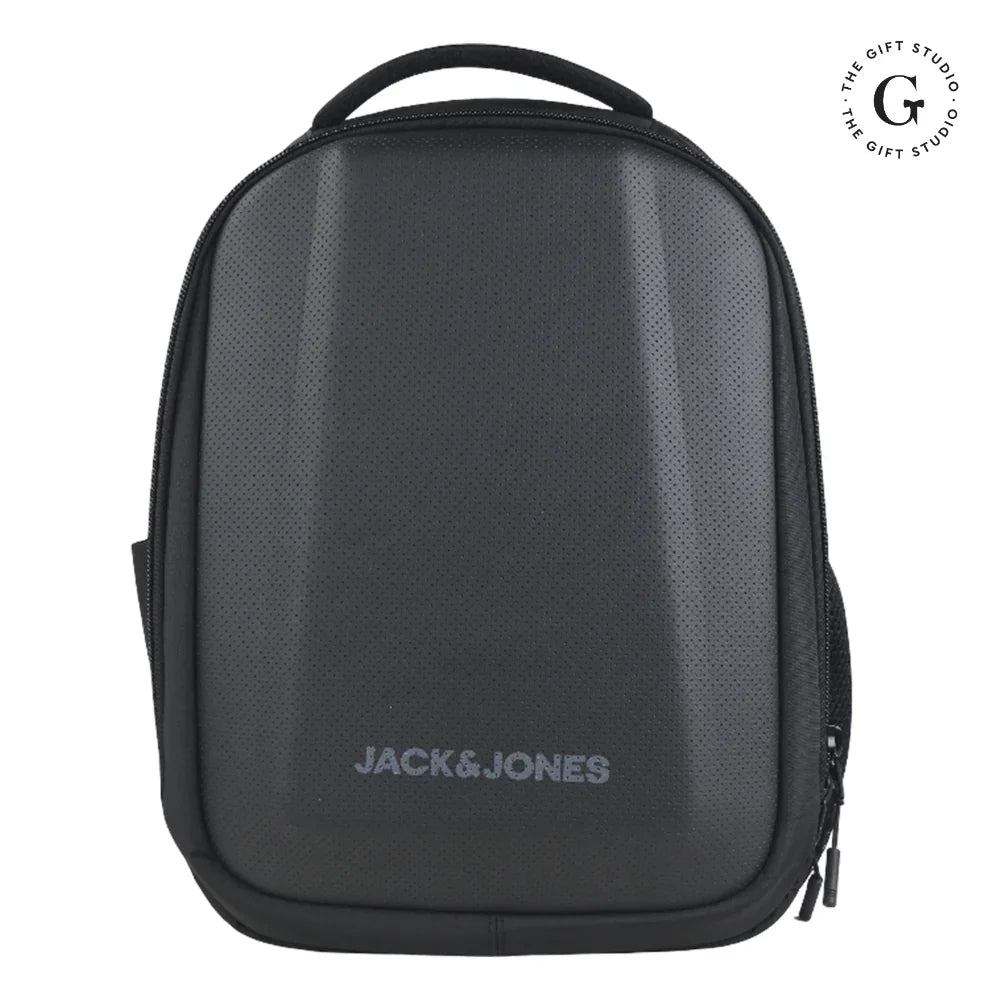 Black Molded backpack with Jack & Jones branding and TGS Logo