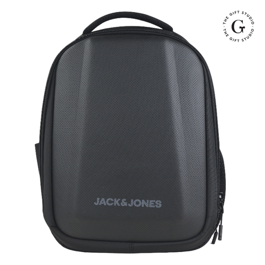 Black Molded backpack with Jack & Jones branding and TGS Logo