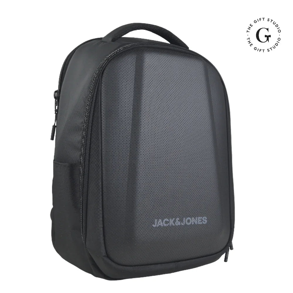 Black Molded backpack with Jack & Jones branding and TGS Logo