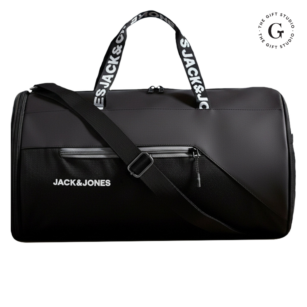 TGS Black duffel bag with 'Jack & Jones' branding 