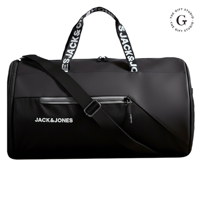 TGS Black duffel bag with 'Jack & Jones' branding 