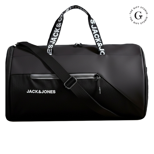TGS Black duffel bag with 'Jack & Jones' branding 