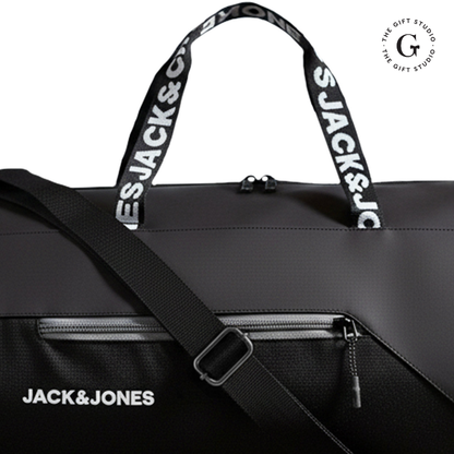 TGS Black duffel bag with 'Jack & Jones' branding 