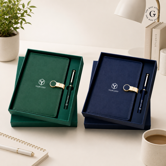 Green and blue leather-bound pen diary set with TGS  Logo branding