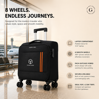 Nasher Miles branding Black suitcase with orange stripes and with TGS logo.