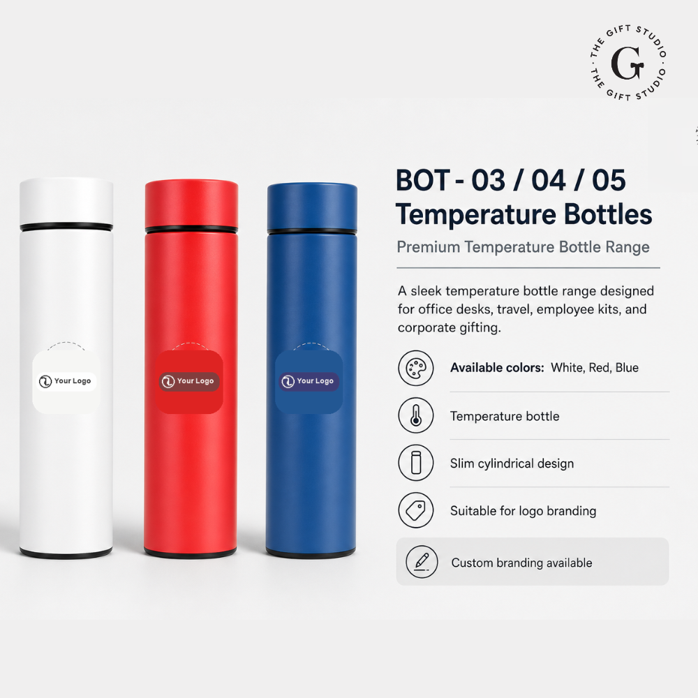 Three thermos bottles in white, red, and blue with TGS branding.