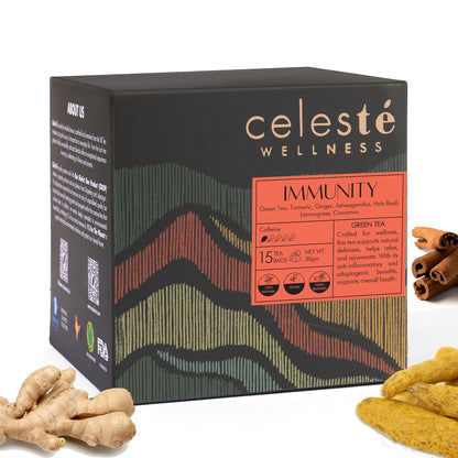 Celeste Wellness immunity product packaging with ginger, turmeric, and cinnamon on a white background