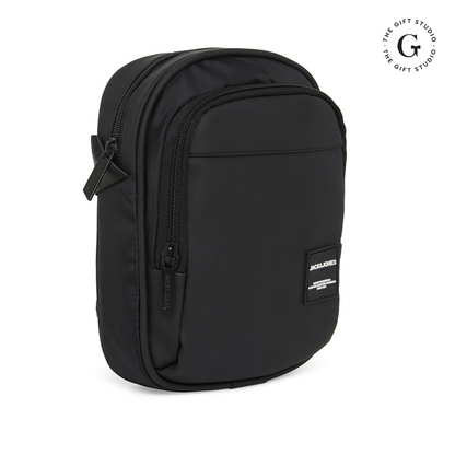 Black Sling backpack with TGS logo and Jack & Jones branding.