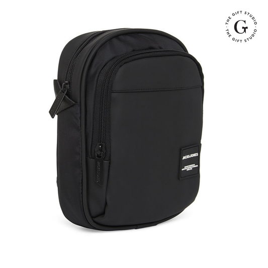 Black Sling backpack with TGS logo and Jack & Jones branding.