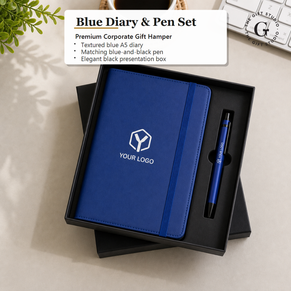 Blue notebook and pen set with a TGS Branding