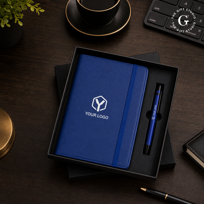 Blue notebook and pen set with a TGS Branding