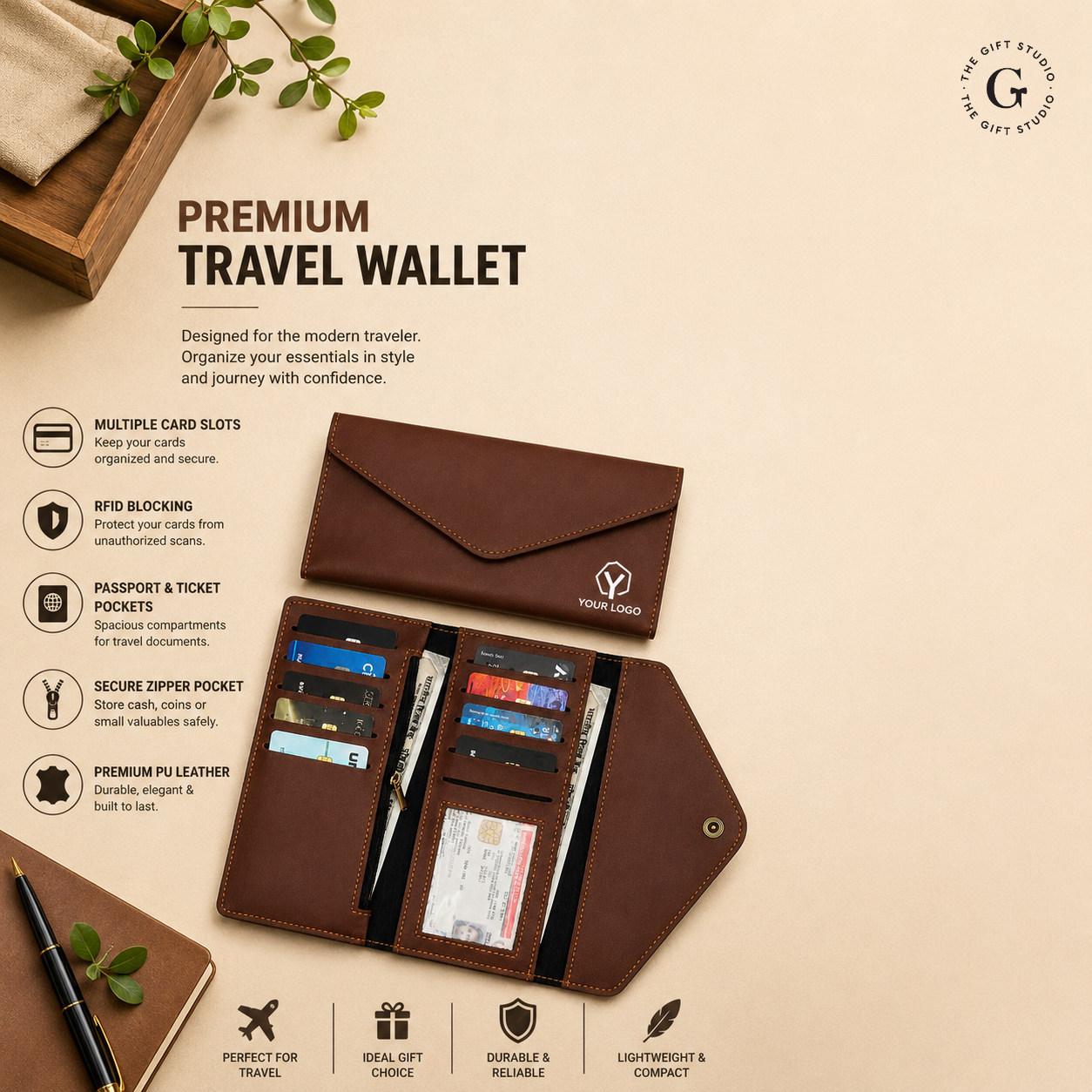 Women Carry Trifold Wallet with multiple compartments for cash and cards with TGS branding